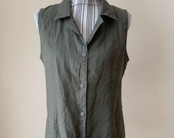 Vintage Khaki Linen Blouse for Women Size M, Dark Olive Green Linen Top, Summer Linen Sleeveless Top, Collared Button Down Linen Shirt