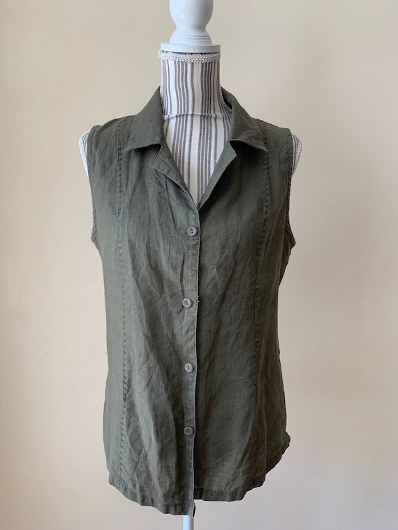 Vintage Khaki Linen Blouse for Women Size M, Dark Olive Green Linen Top, Summer Linen Sleeveless Top, Collared Button Down Linen Shirt