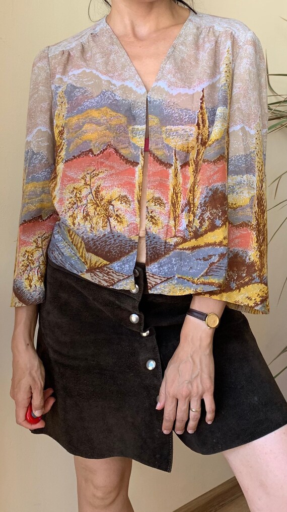 Vintage Women's Cropped Unlined Blazer Jacket, Wearable Art Landscape Print Light Summer Coat, Open Front Cardigan, Short Thin Fabric Cardie