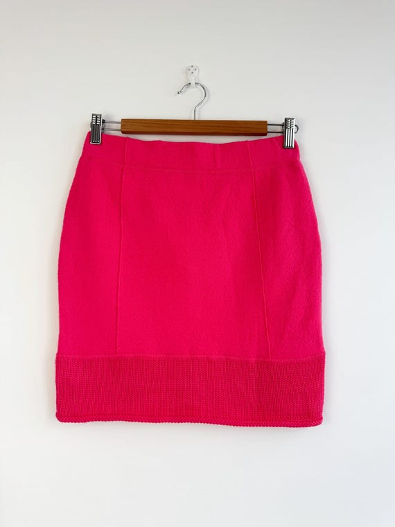 Marc Cain Hot Pink 100% Virgin Wool Mini Skirt, Vintage German Fuchsia Boiled Wool Pencil Skirt, Designer Knit Straight Skirt Size S Small