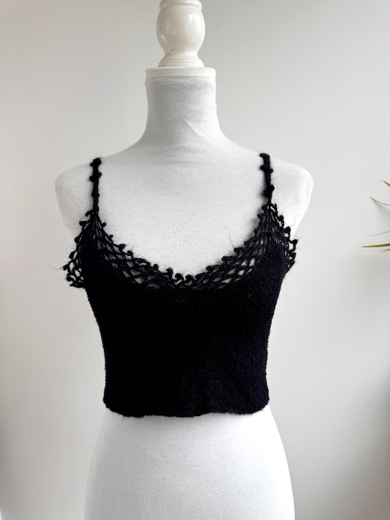 Vintage 90s Miss Selfridge Black Crochet Crop Top Fuzzy Mohair Knit Camisole, Y2K Grunge Fairycore Strappy Knit Tank Boho Festival Bralette