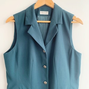 Turquoise Teal blauw groen mouwloos gekerfd blazerjack voor dames maat M L, jaren '90 Preppy Elegant Business Office Vest Vest afbeelding 3