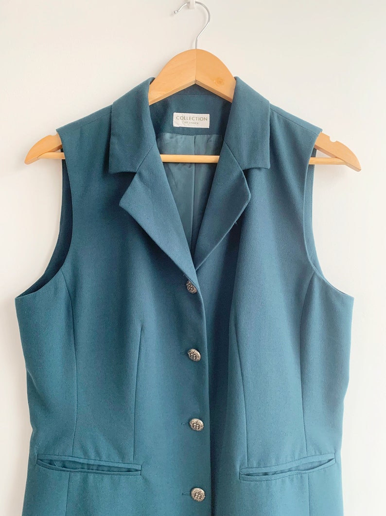 Turquoise Teal Blue Green Sleeveless Notched Collared Blazer Jacket For Women Size M L, 90s Preppy Elegant Business Office Vest Waistcoat image 3