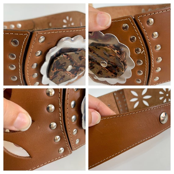 Brown Leather Wide Waist Belt for Women, Studded Cut Out  display picture 3