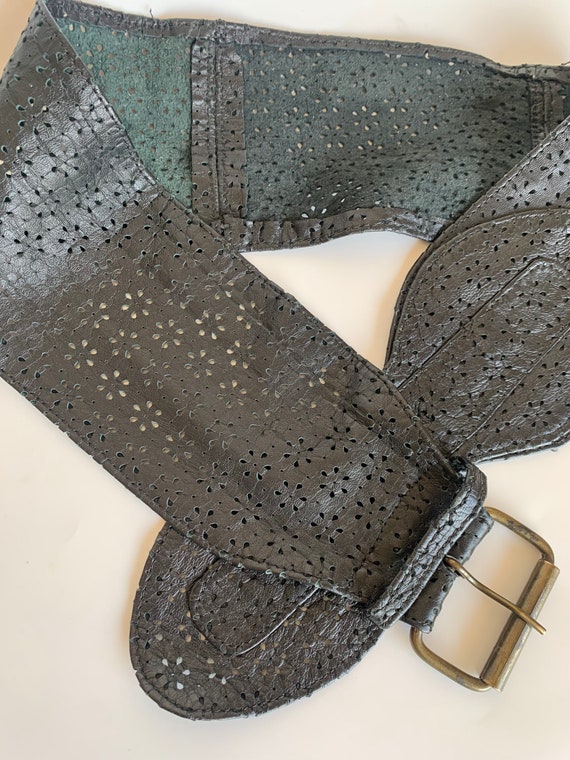 Cut Out Soft Leather Belt for Women, Black Leather Obi Belt with Slim Brass Buckle, Vintage Waistband Belt, Super Wide Waist Belt