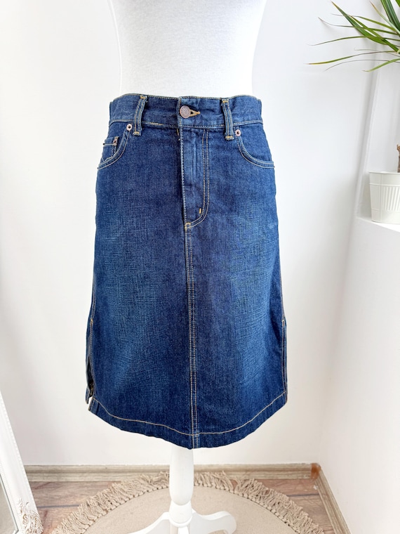 Vintage Crocker Denim Skirt, Dark Wash Blue Jean Midi Skirt, High Waist Retro A-Line Skirt with Side Slits Size S 90s Y2K Aesthetic Gift
