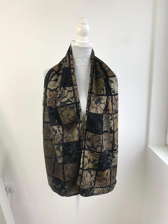 Vintage Devoré Velvet Scarf, Black Broze Gold Art Deco Burnout Velvet Shawl, Sheer Floral Burnt Velvet Evening Wrap, Fairy Grunge Accessory