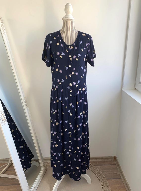 Vintage 90s Oversized Maxi Dress Size S M, Navy Blue Floral Button Front Dress, Long Grunge Shirt Dress, Short Sleeve Pleated Sun Dress
