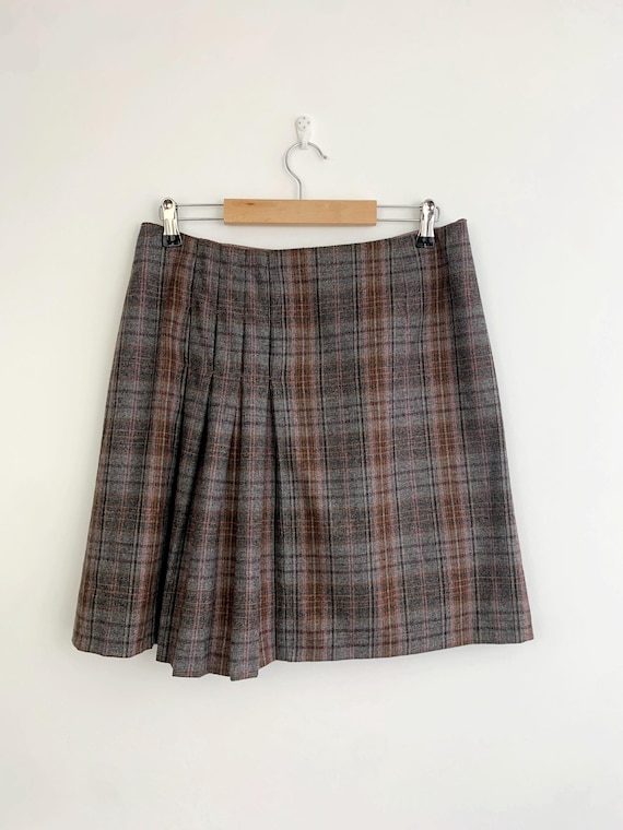 Vintage Grey Brown Plaid Skirt Size M, 90s Y2K Wool Blend Mini Skirt, Pleated Checkered A-Line Skirt, Short Drop Waist Skirt, Tartan Skirt