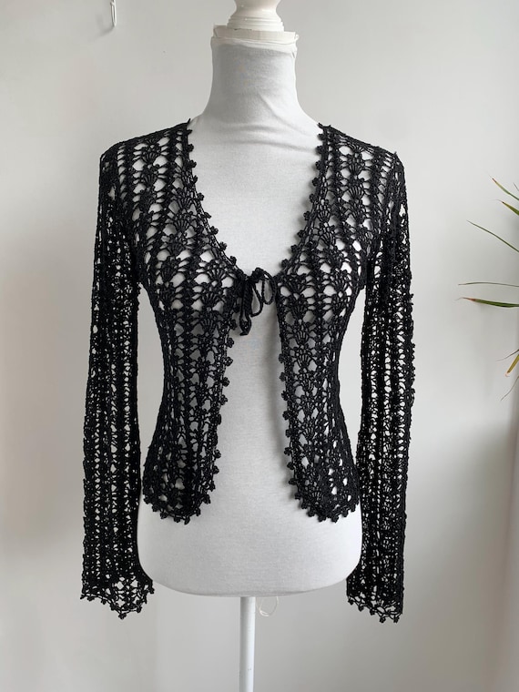 Y2K Black Crochet Bolero Cardigan Size S M, Vintage Mesh Knit Shrug, Open Weave Tie Front Sheer Top, Festival Coquette Cottagecore Sweater