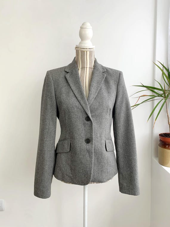 Vintage Benetton Wool Blazer for Women Size S, Grey Herringbone Jacket, 90s Structured Blazer, Classic Office Wear, Fall Cropped Tweed Coat