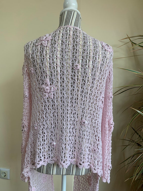 Vintage Light Pink Crochet Cardigan, Asymmetrical… - image 6