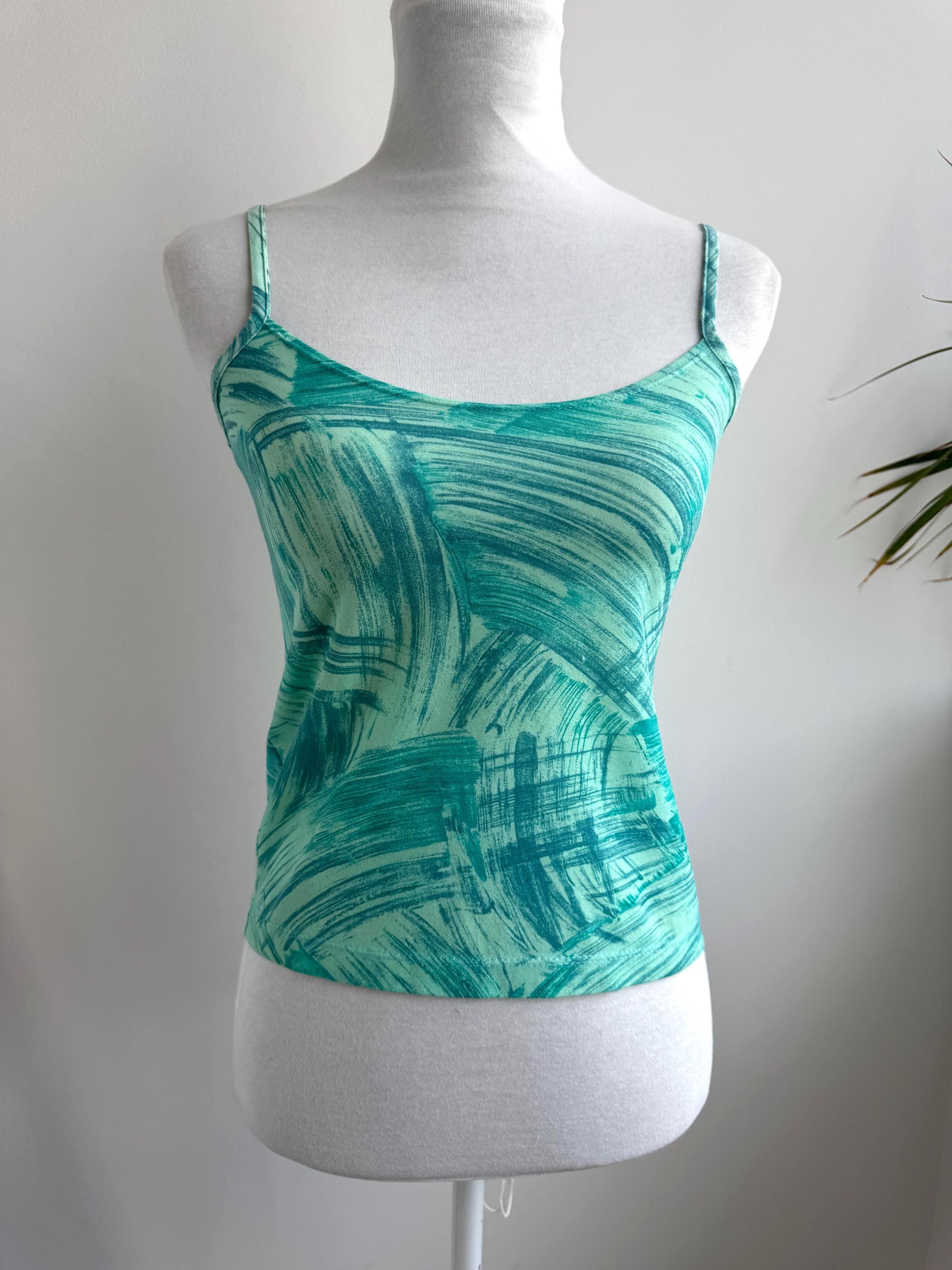Vintage Italian Abstract Print Cami Top Teal Green Graphic 