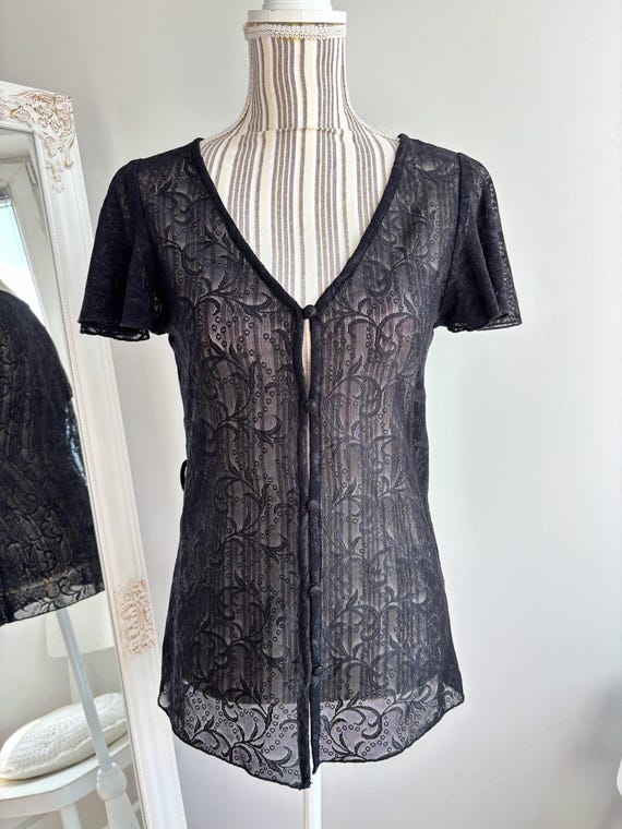 Vintage Black Lace Top Size S, Sheer Goth Blouse, Feminine See Through Shirt, Lacy Floral Button Up With V Neck and Short Frilly Cap Sleeves