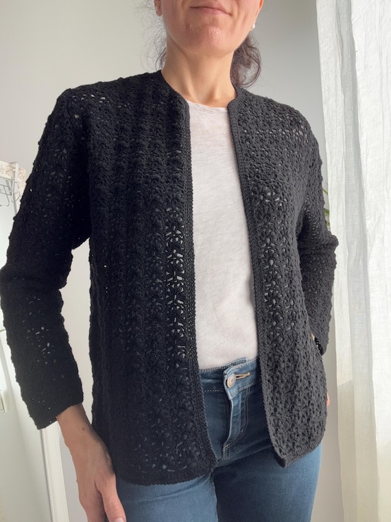 90s Black Crochet Cardigan Size M Open Knit Lace Jacket, Boho Lightweight Open Front Sweater, Minimalist Layering Piece Vintage Gift for Her