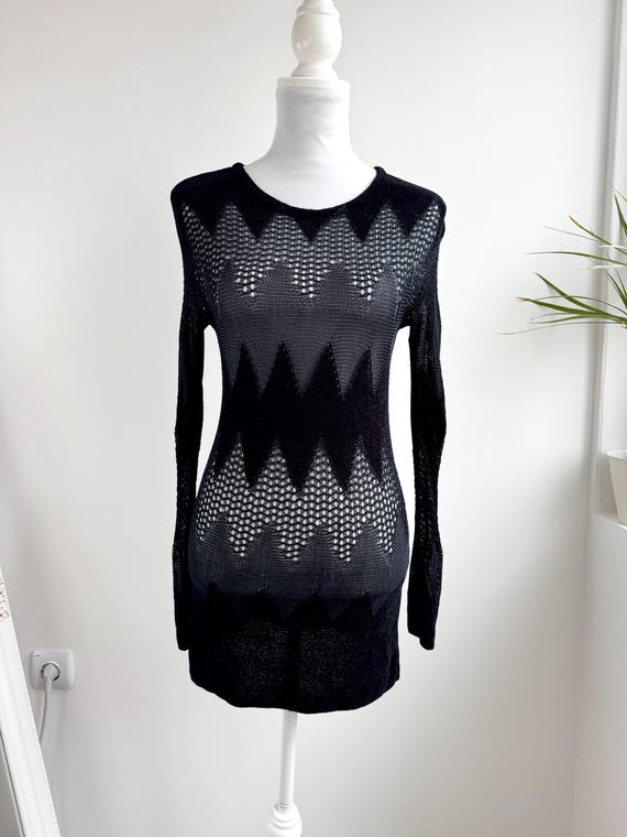 Vintage Y2K Intimissimi Sheer Knit Tunic, Black Crochet Longline Lace Sweater Size S Grunge Fairycore Pullover, Mesh Open Weave Layering Top
