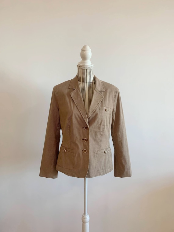 Vintage 90s Women's Striped Cotton Blazer Size M, Light Camel Brown Long Sleeve Casual Spring Sports Coat, Minimalist Tan Beige Jacket