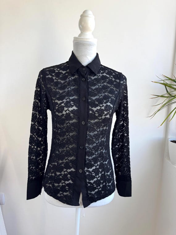 Vintage Black Lace Blouse Women Size S, Sheer Floral Lace Button Up Shirt, Long Sleeve Mesh Top, Collared Romantic Goth Y2K Going Out Top