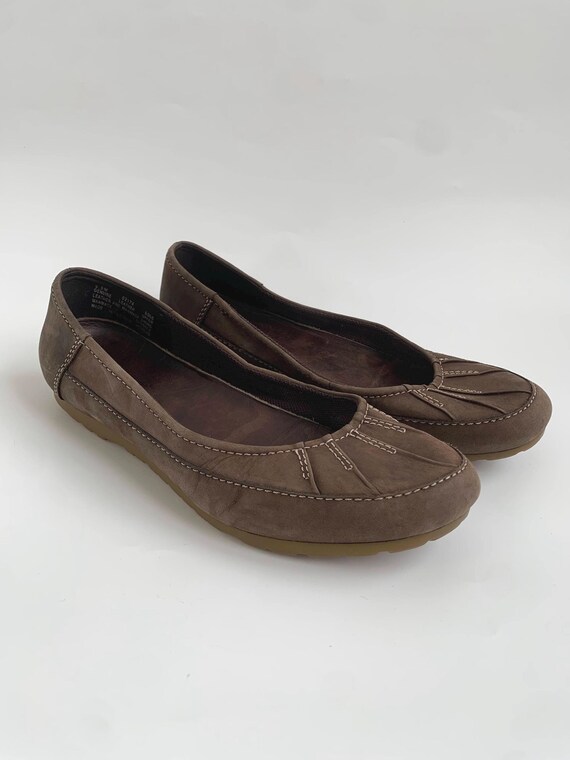 Vintage Timberland Brown Leather Flats US 9.5 EUR 39 1/2 UK 6 1/2, Y2K Comfort Moccasin Loafers, Women's Pleated Toe Ballet Shoes, Slip Ons