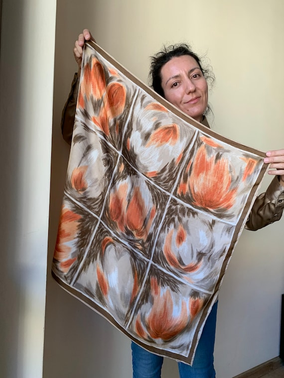 Vintage Silky Acetate Scarf, Beige Taupe Brown Orange Square Neck Scarf, Champagne Satin Scarf, Abstract Print Neckerchief, Retro Head Scarf