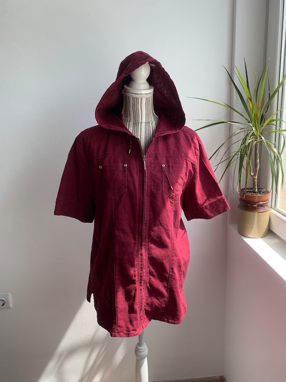 Vintage Burgundy Linen Jacket Size XL, Linen Cotton Hooded Jacket for Women, Short Sleeve Zip Up Linen Coat, Linen Shirt Jacket, Linen Top