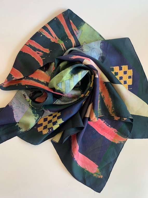 Large Square Neck Scarf, Vintage Painted Scarf, Colorful Sheer Head Scarf, Abstract Geometric Print Neckerchief, Psychedelic Scarf