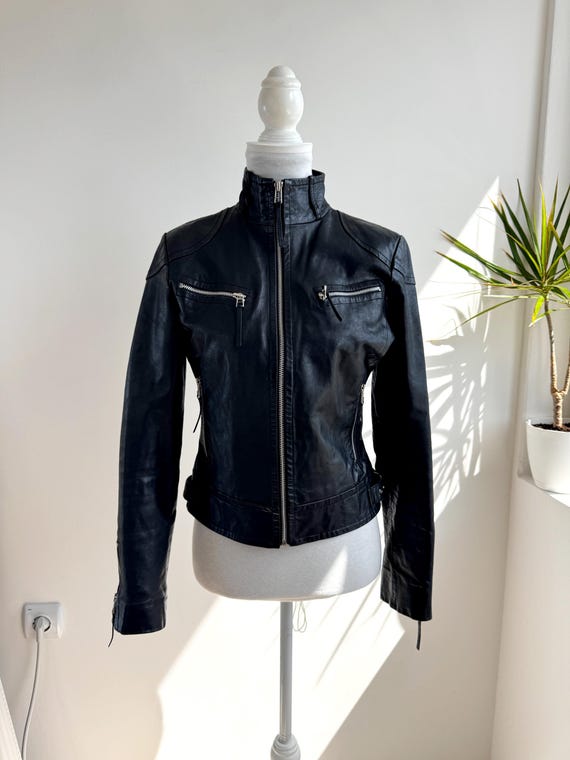Vintage Oasis Real Leather Black Biker Jacket, Fitted High Neck Zip Up Y2K Moto Jacket, Genuine Leather Jacket Women Size UK 10 / EU 36 / S