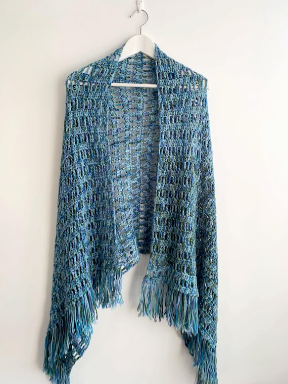 Vintage Y2K Extra Long Extra Wide Teal Blue Crochet Scarf, Chunky Knitted Shawl With Tassels, Boho Hippie Fringed Wrap, Unique Gift for Her
