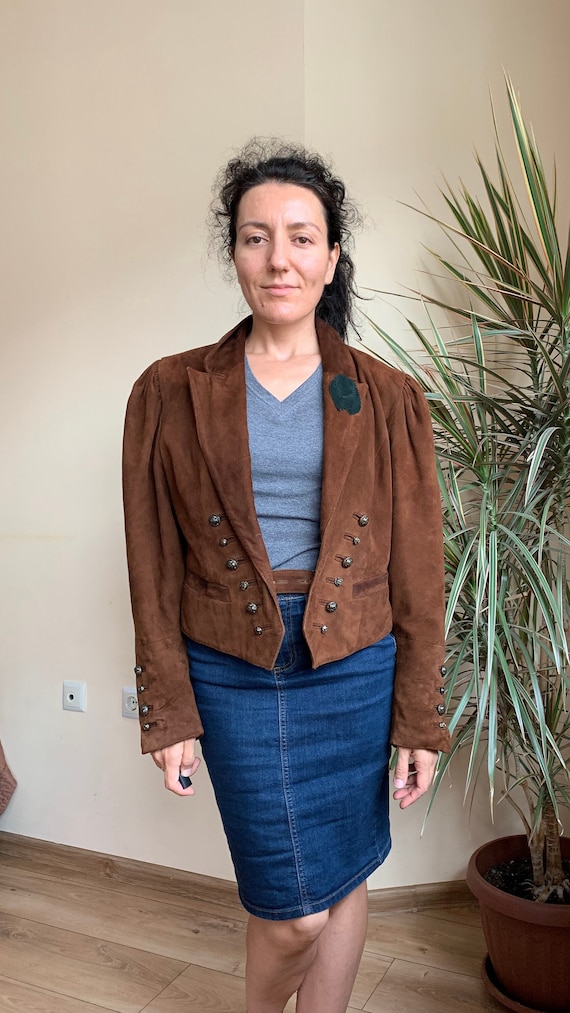 Vintage 80s Suede Leather Jacket for Women, Oversized Puff Sleeve Brown Leather Blazer, Real Leather Cropped Waistcoat, Retro Coat Size M