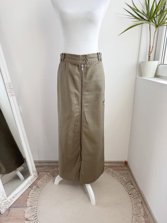 Khaki Linen Cargo Maxi Skirt, Vintage Divino Utility Long Skirt with Pocket, 90s Grunge Y2K Aesthetic Skirt, Summer Cotton Linen Bottoms S