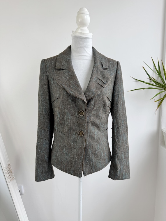Y2K BIBA Tweed Blazer for Women Size S/M, Vintage Khaki Green & Teal Blue Blazer, Two Button Minimalist Cropped Coat, Collared Autumn Jacket