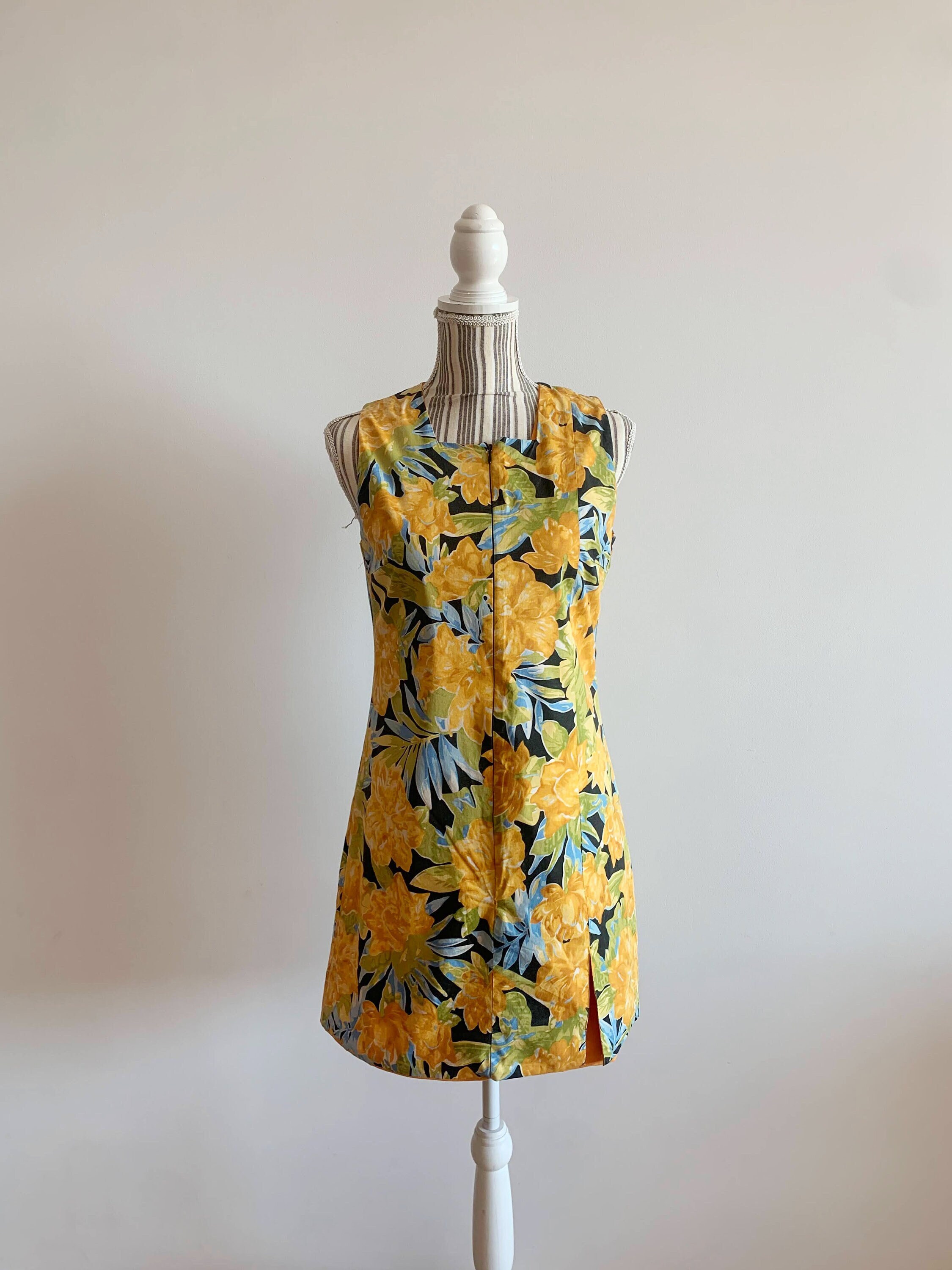 【高額売筋】 Vintage Yellow Floral Shift Dress Size S, Sleeveless Mini ワンピース