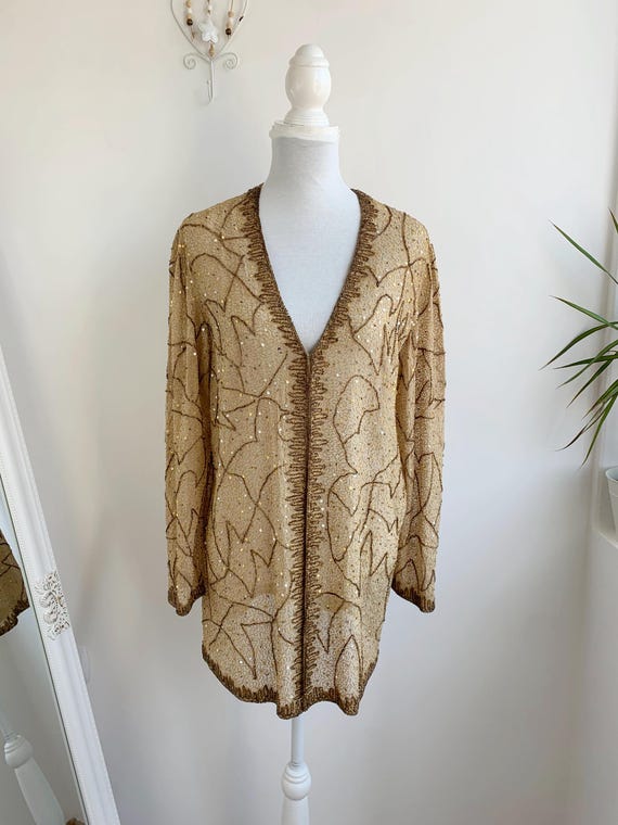 Vintage Frank Usher Heavy Beadwork Blazer Size L, Gold Pure Silk Beaded Jacket, Seed Bead Embroidery Blazer, Sequin Embellished Evening Coat