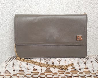 Grey Leather Envelope Clutch Purse With Gold Chain Strap, Vintage 80s Genuine Leather Slim Clutch Wallet, Minimalist Evening Shoulder Purse