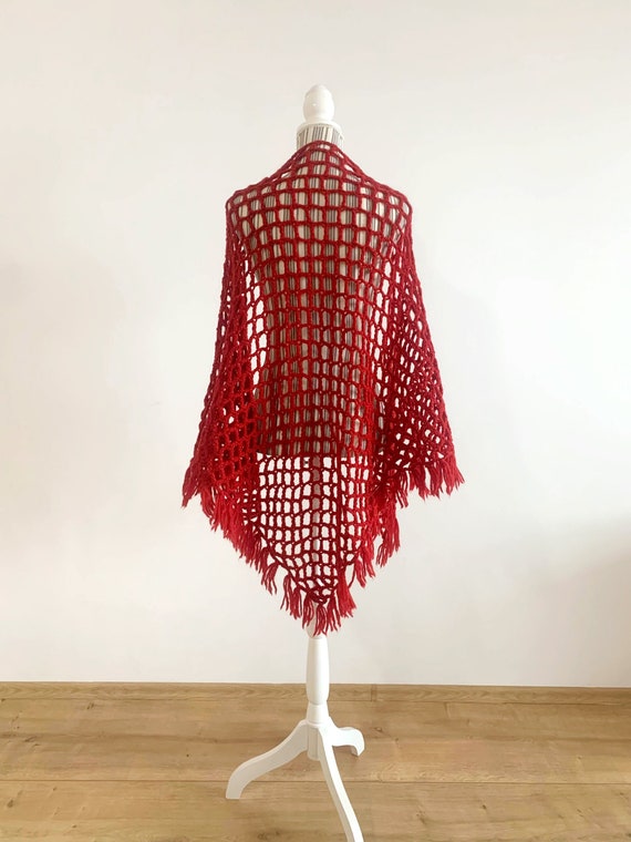 Red Fishnet Lace Chunky Crochet Shawl with Tassels, Vintage Handmade Fringed Shoulder Wrap, Sheer Mesh Piano Shawl, Bohemian Triangle Shawl