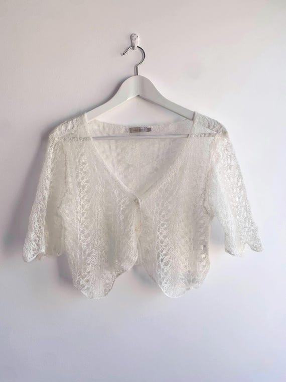 Vintage Mohair Lace Bolero Shrug Size M L, White Sheer Cropped Cardigan, Pearl Button Bridal Cover Up, Y2K Knit Fairycore Mesh Sweater