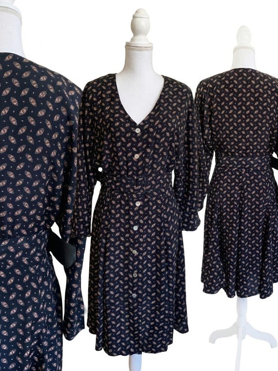 Vintage Black Button Down Midi Dress, Batwing Sleeve Viscose Shirt Dress, Minimalist Dark Academia Clothing, Fit & Flare Retro Dress Women M