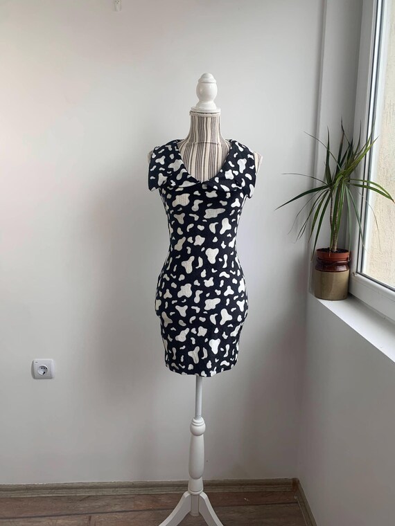 Vintage Black and White Stretchy Mini Dress, Soft Pullover Velvet Mini Dress Size XS, Short Sexy Bodycon Dress, Collared Sleeveless Dress