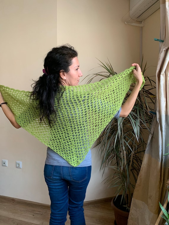 Vintage Mohair Crochet Shawl Sheer Lace Triangle Wrap, Airy Mesh Moss Green Knit Scarf, Balletcore Fairycore Lightweight Layering Piece