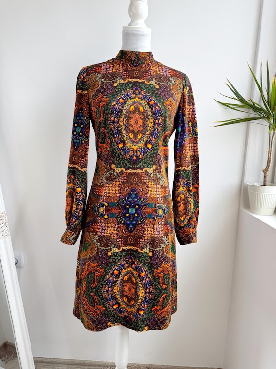 Vintage 70s Psychedelic Paisley Knit Dress Size M Rudholms Sweden Retro Mock Neck Long Sleeve Mod Mini Dress Groovy 1970s Scandi Fashion
