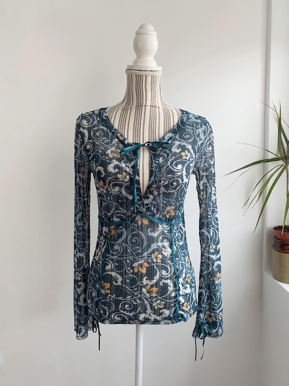 Turquoise Sheer Tulle Top by Mexx Size S, Vintage Y2K Floral Paisley Mesh Blouse, Deep V Neck See Through Stretchy Top, Slim Fit Sexy Shirt