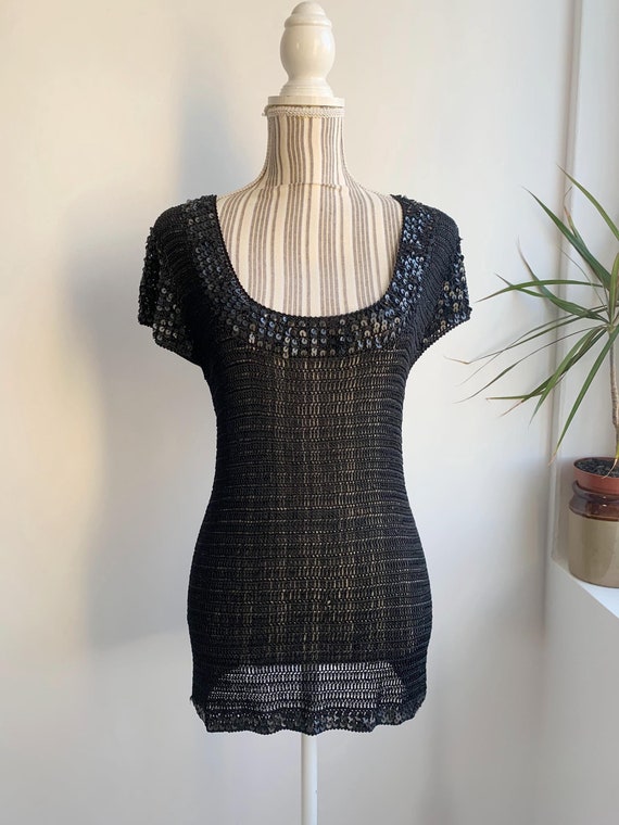 Vintage 90s Black Sequin Top Size M, Viscose Silk Art Deco Blouse, Beaded Crochet Short Sleeve Sweater, Sheer Mesh Fishnet Knitted Tunic Top
