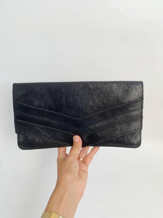 Black Leather Clutch Purse, Vintage Bag, 80s Envelope Purse, Minimalist Handbag, Genuine Leather Clutch Bag, Foldover Evening Clutch Wallet