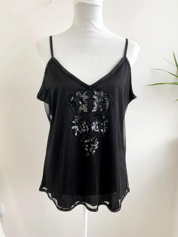 Vintage Mesh Y2K Beadwork Tank Top Size L, Layered Sheer Tulle Cami Top, Sequin Beaded Leaf Pattern  Chiffon Camisole, Black Evening Wear