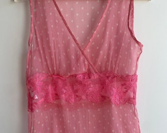 Vintage Y2K 00s Mesh Tank Top Size S, See Through Sheer Lace Cami Top, Pink Polka Dot Pure Silk Camisole, Transparent Sexy Lingerie