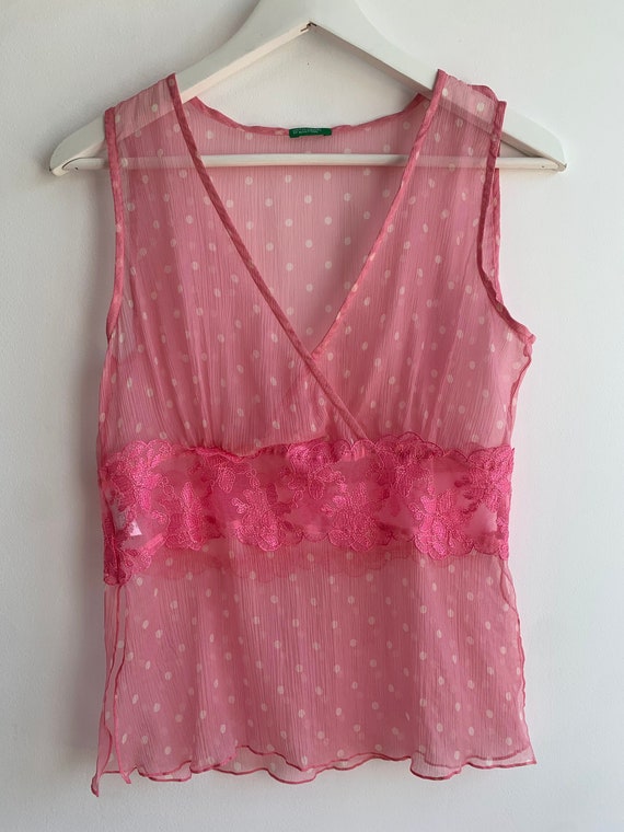 Vintage Y2K 00s Mesh Tank Top Size S, See Through Sheer Lace Cami Top, Pink Polka Dot Pure Silk Camisole, Transparent Sexy Lingerie