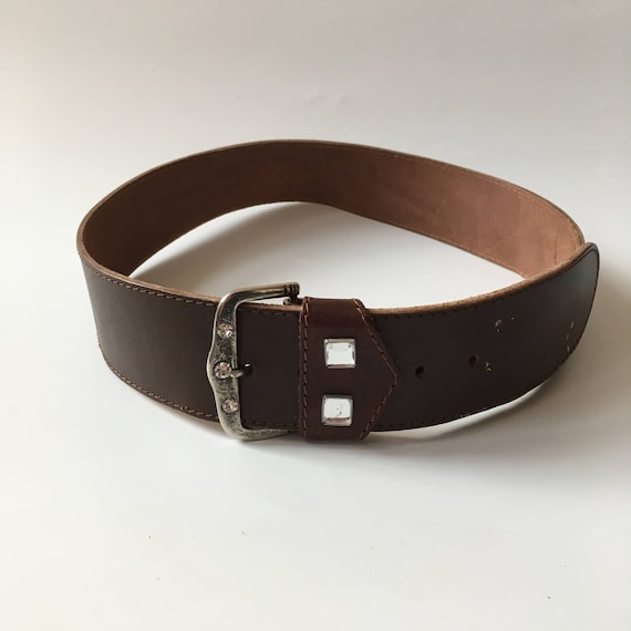 Vintage 90s Dark Brown Leather Belt with Embellished Buckle, Statement Natural Leather Waist Cincher for Women, Jewelled Wide Waist Belt