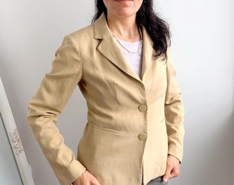 Vintage 90s SISLEY Linen Blend Blazer Size S, Pale Yellow Light Camel Blazer for Women, Long Sleeve Summer Jacket, Unlined Light Spring Coat