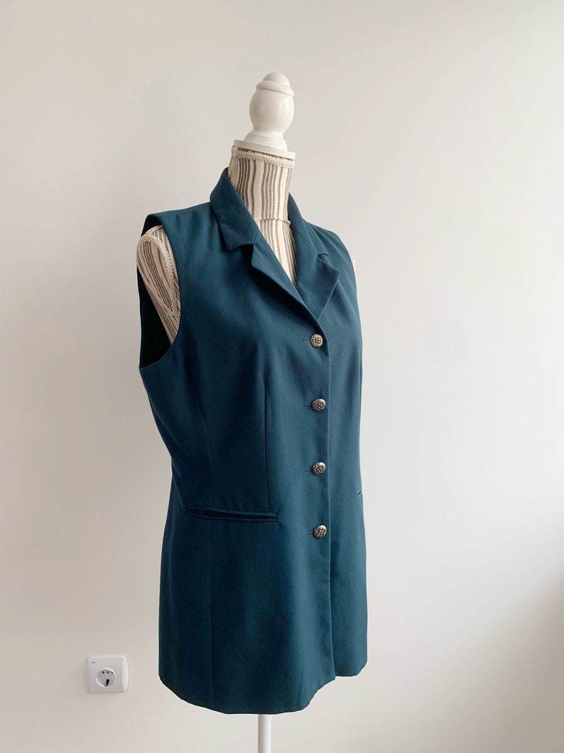 Turquoise Teal Blue Green Sleeveless Notched Collared Blazer Jacket For Women Size M L, 90s Preppy Elegant Business Office Vest Waistcoat image 7