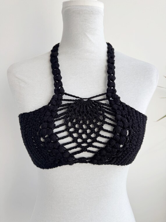 Vintage 90s Crochet Halter Crop Top, Handmade Black Boho Festival Bralette, Sheer Mesh Pineapple Crochet Bustier for Women Size XS